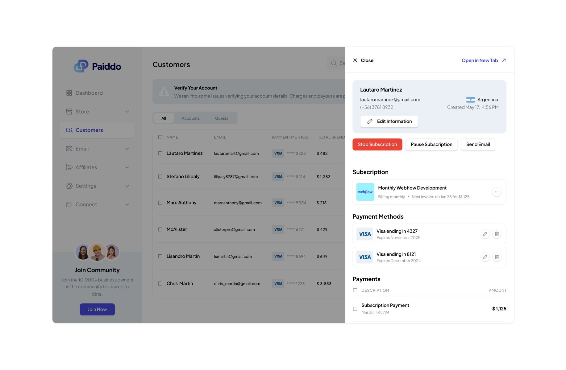 Paiddo dashboard > customers page